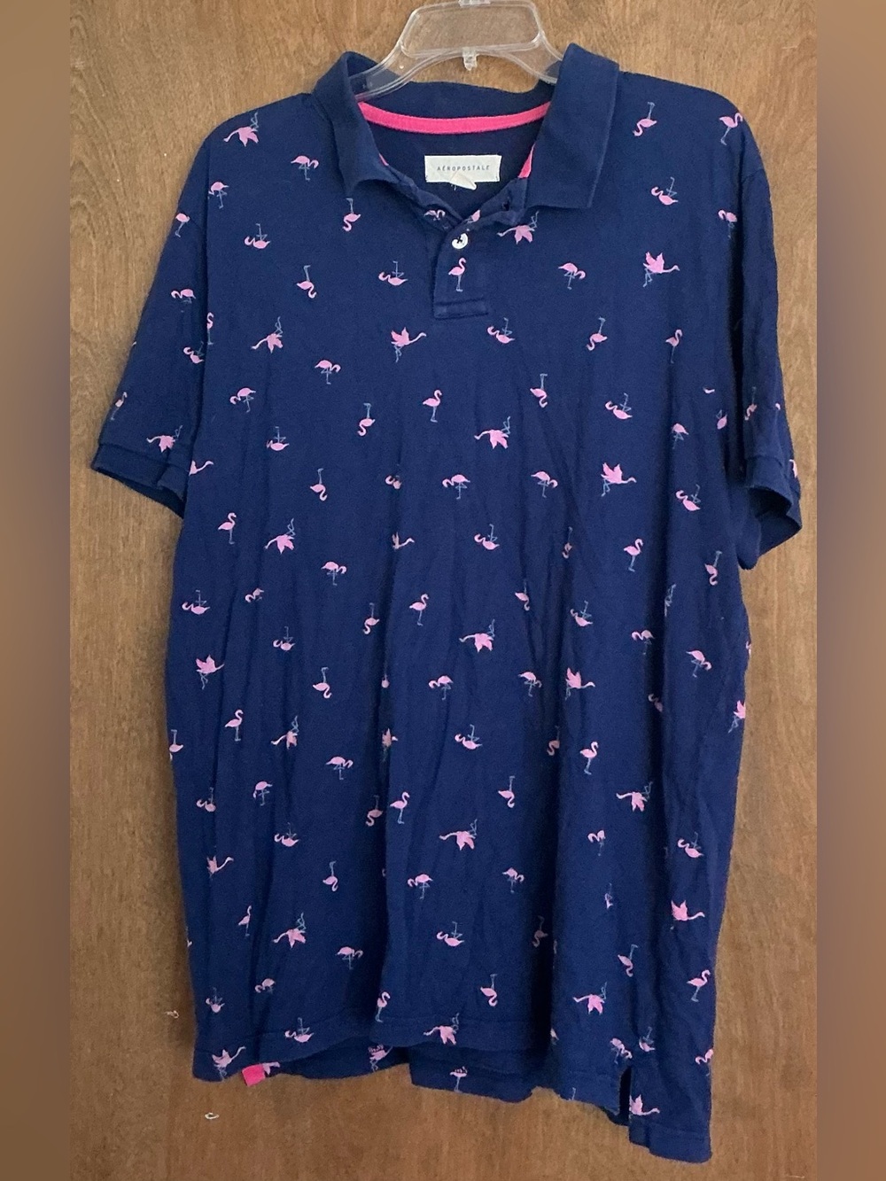 Aeropostale Men Polo Shirt XL Navy Blue Pink Flamingo All Over Print Tropical